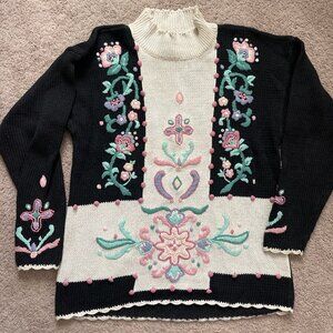 Vintage 80s Ninon de Lenclos Women’s Large Floral 3D Knit Mock neck Embroidered